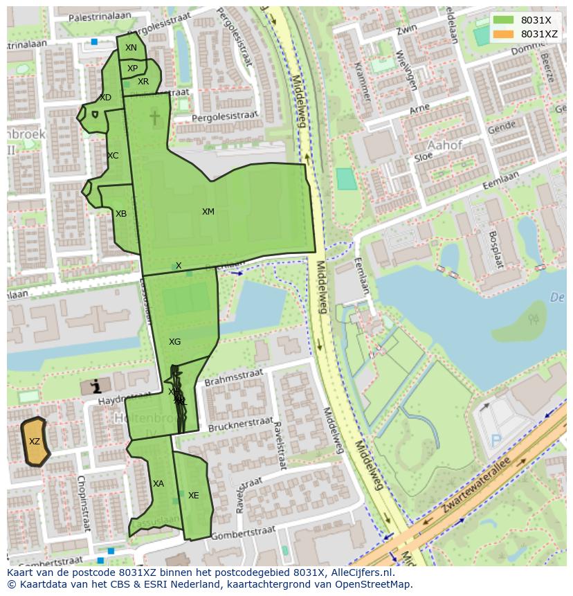 Afbeelding van het postcodegebied 8031 XZ op de kaart.