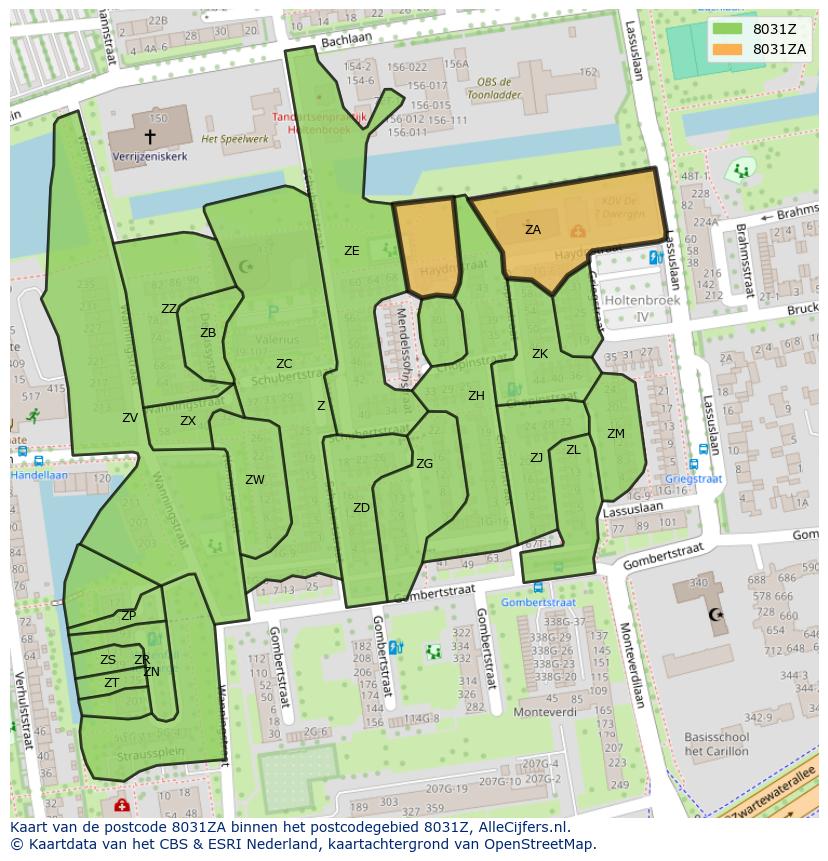 Afbeelding van het postcodegebied 8031 ZA op de kaart.