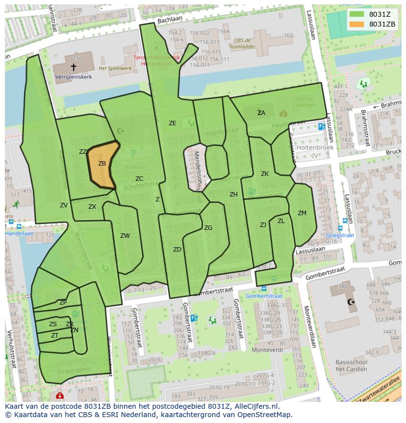 Afbeelding van het postcodegebied 8031 ZB op de kaart.