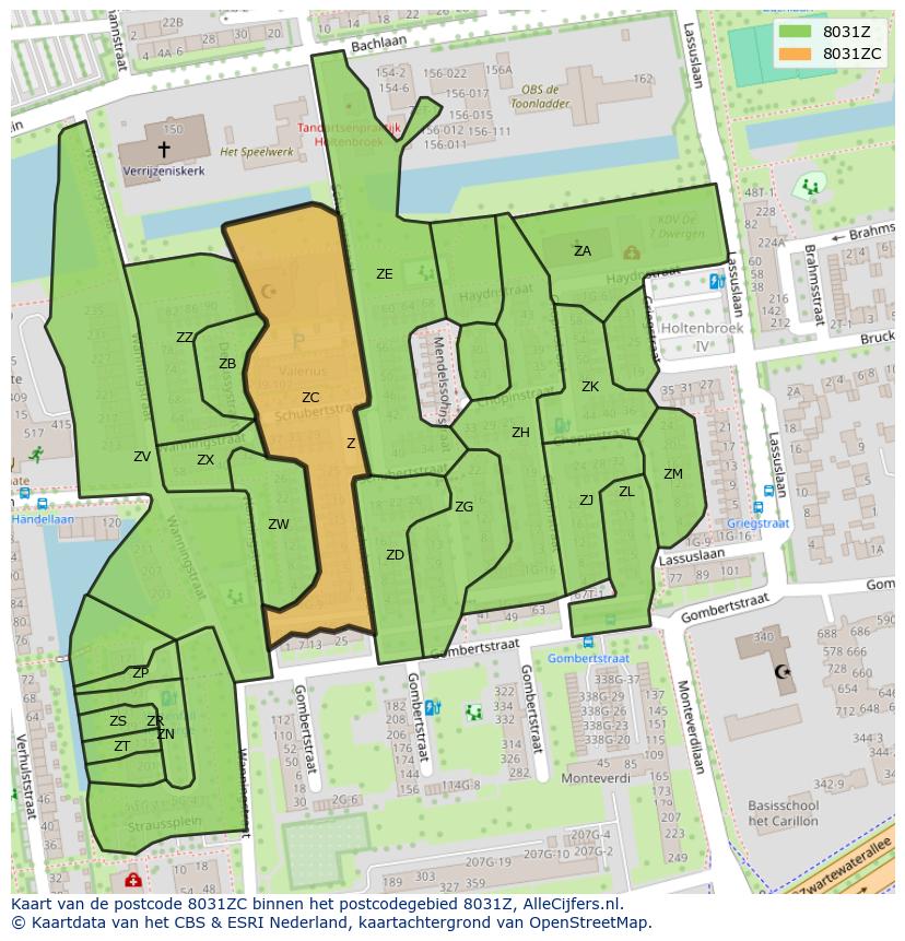 Afbeelding van het postcodegebied 8031 ZC op de kaart.