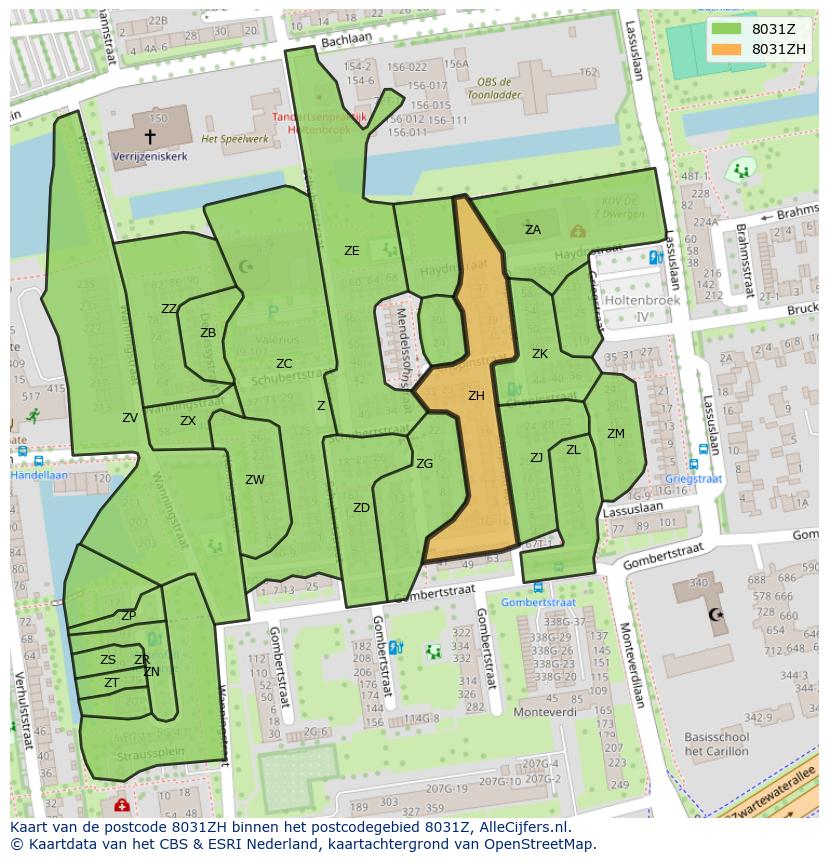 Afbeelding van het postcodegebied 8031 ZH op de kaart.