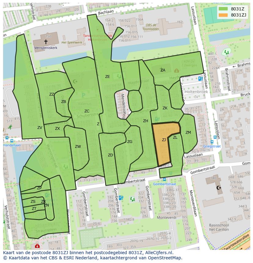 Afbeelding van het postcodegebied 8031 ZJ op de kaart.