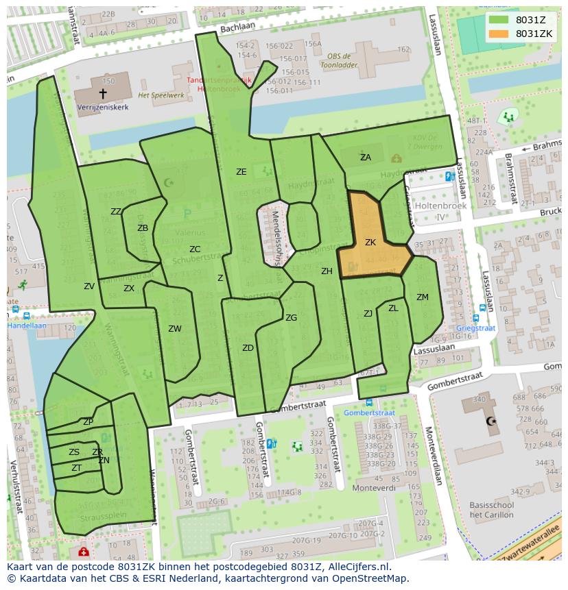 Afbeelding van het postcodegebied 8031 ZK op de kaart.