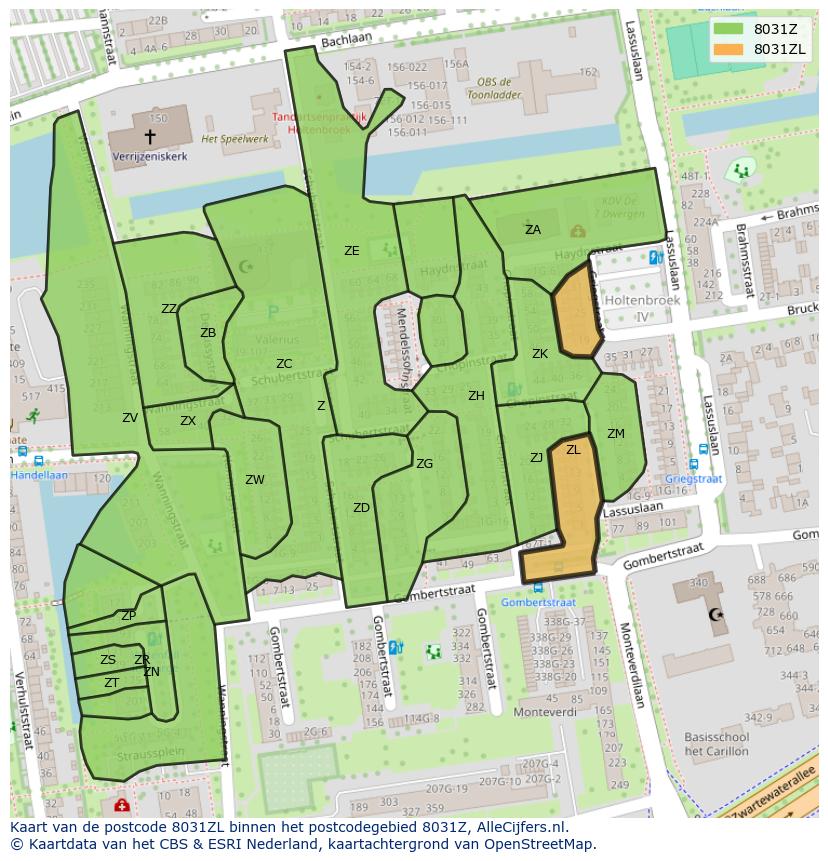 Afbeelding van het postcodegebied 8031 ZL op de kaart.