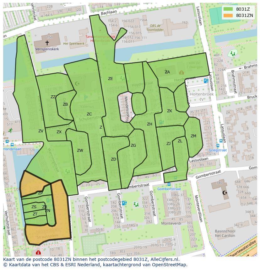 Afbeelding van het postcodegebied 8031 ZN op de kaart.