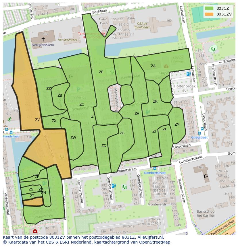 Afbeelding van het postcodegebied 8031 ZV op de kaart.
