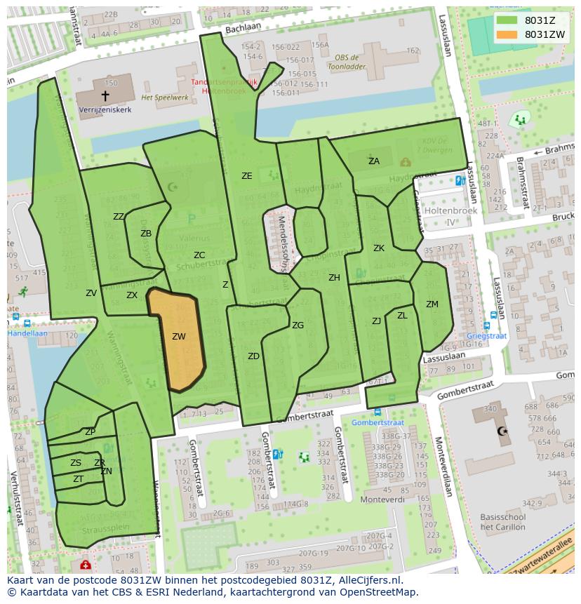 Afbeelding van het postcodegebied 8031 ZW op de kaart.