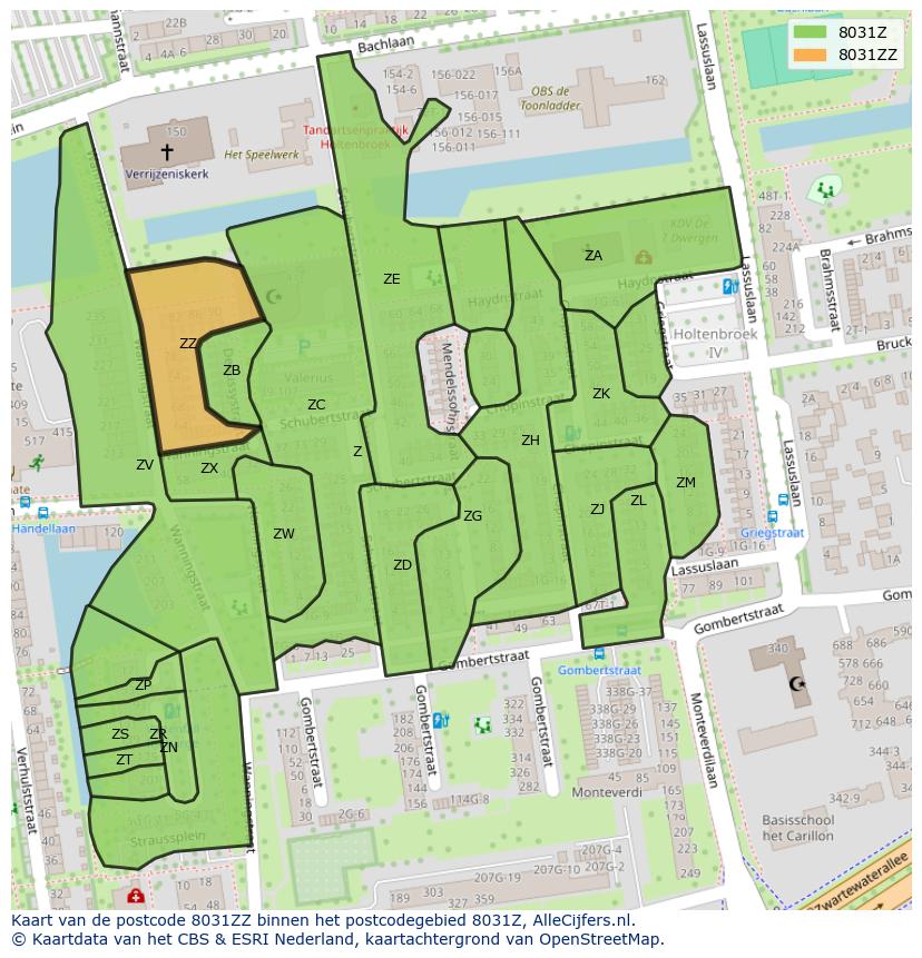 Afbeelding van het postcodegebied 8031 ZZ op de kaart.