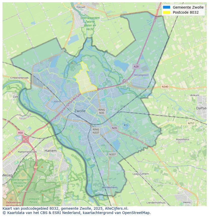 Afbeelding van het postcodegebied 8032 op de kaart.