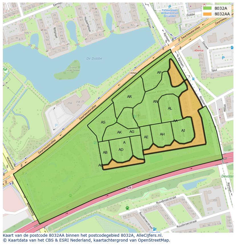 Afbeelding van het postcodegebied 8032 AA op de kaart.