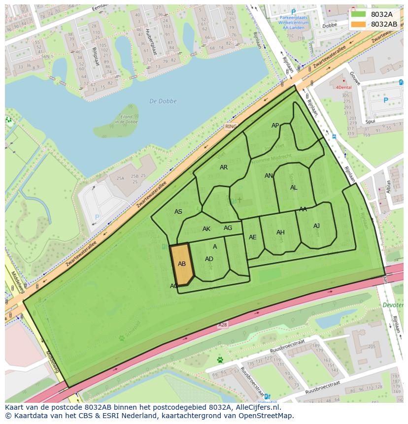 Afbeelding van het postcodegebied 8032 AB op de kaart.