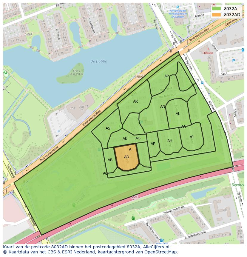 Afbeelding van het postcodegebied 8032 AD op de kaart.