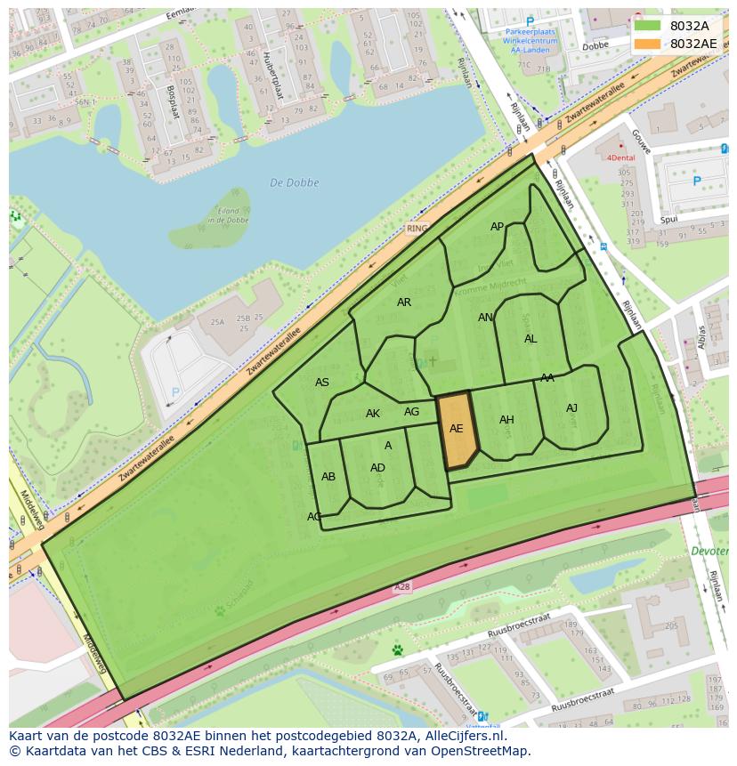 Afbeelding van het postcodegebied 8032 AE op de kaart.