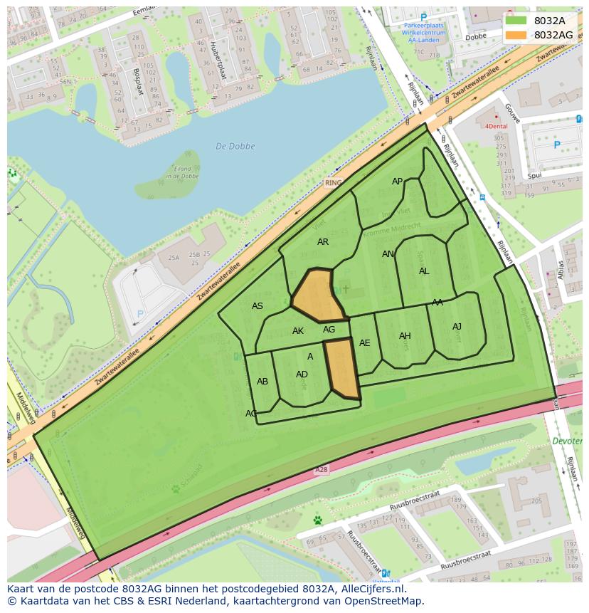 Afbeelding van het postcodegebied 8032 AG op de kaart.