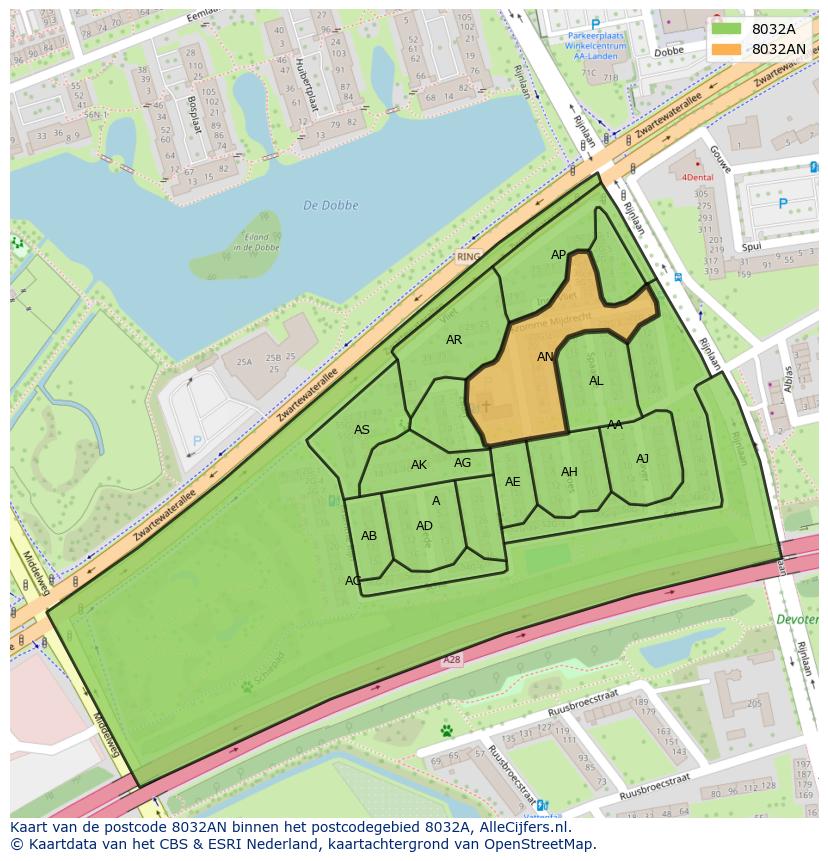 Afbeelding van het postcodegebied 8032 AN op de kaart.