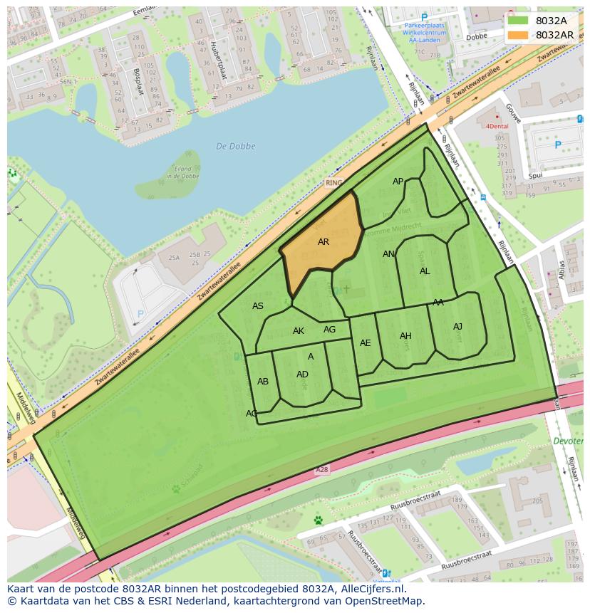 Afbeelding van het postcodegebied 8032 AR op de kaart.