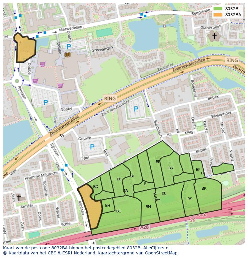 Afbeelding van het postcodegebied 8032 BA op de kaart.