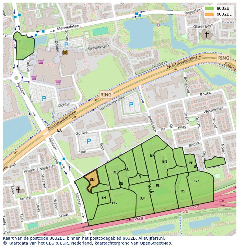 Afbeelding van het postcodegebied 8032 BD op de kaart.