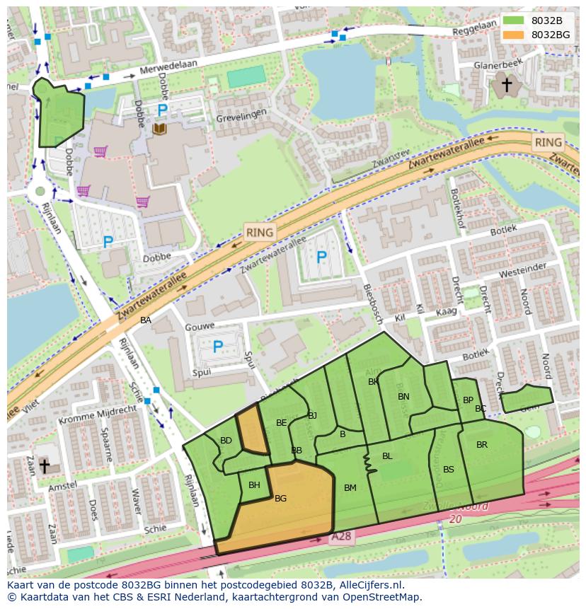 Afbeelding van het postcodegebied 8032 BG op de kaart.
