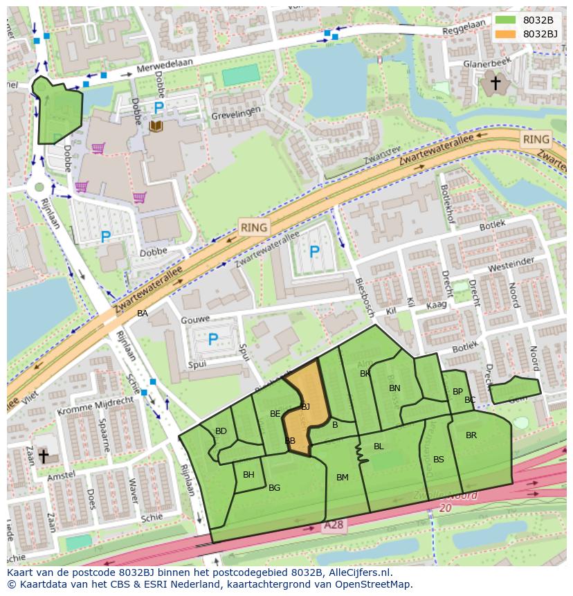 Afbeelding van het postcodegebied 8032 BJ op de kaart.