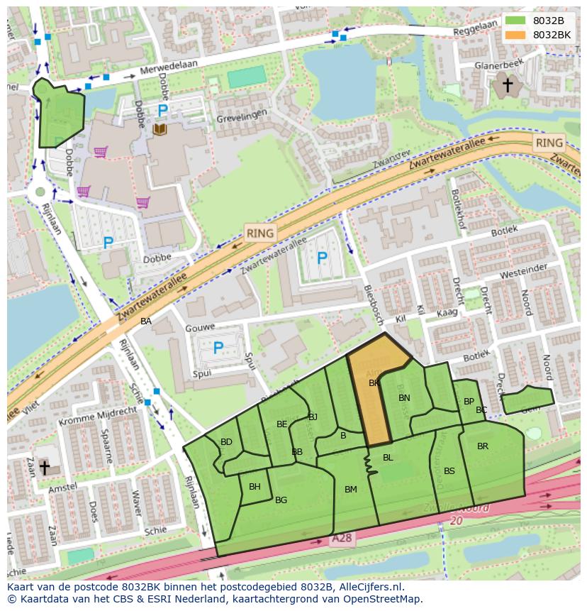 Afbeelding van het postcodegebied 8032 BK op de kaart.