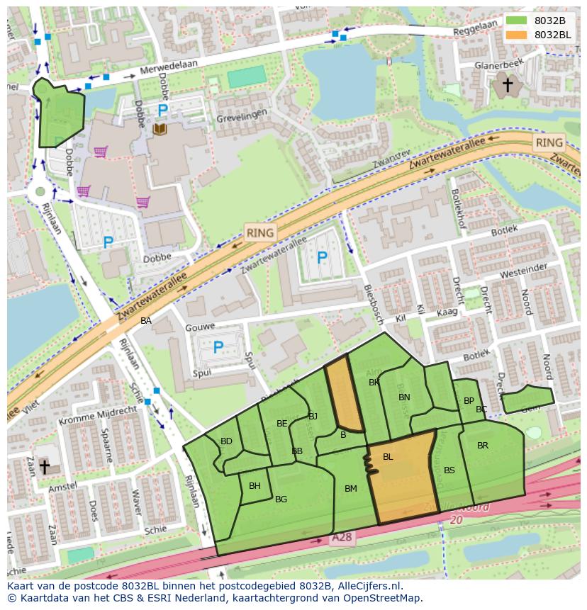 Afbeelding van het postcodegebied 8032 BL op de kaart.