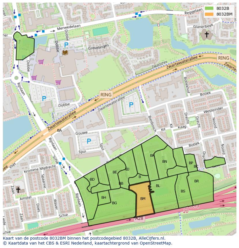Afbeelding van het postcodegebied 8032 BM op de kaart.