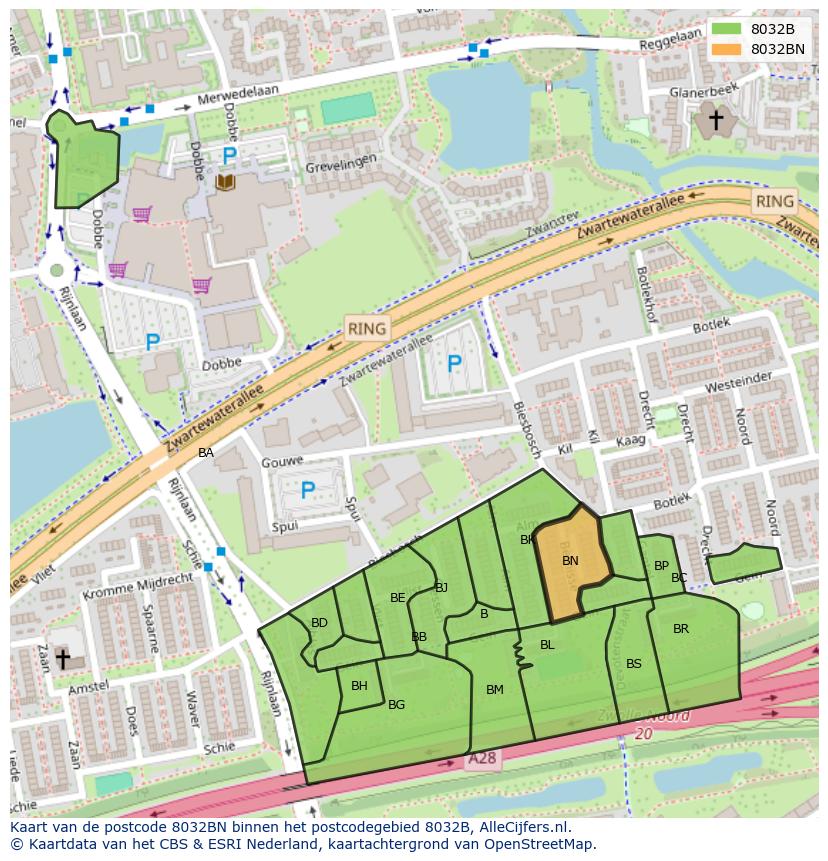 Afbeelding van het postcodegebied 8032 BN op de kaart.