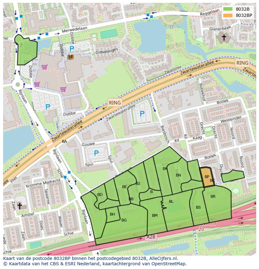 Afbeelding van het postcodegebied 8032 BP op de kaart.