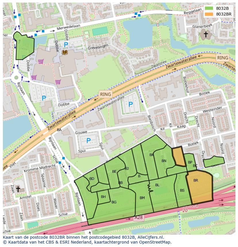Afbeelding van het postcodegebied 8032 BR op de kaart.