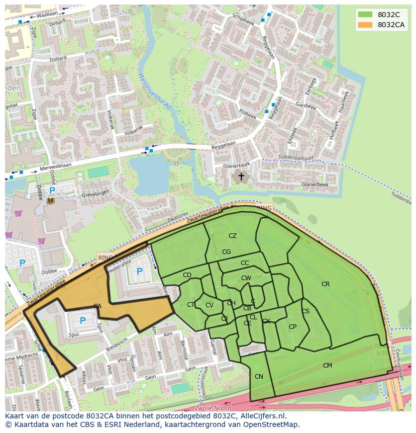 Afbeelding van het postcodegebied 8032 CA op de kaart.