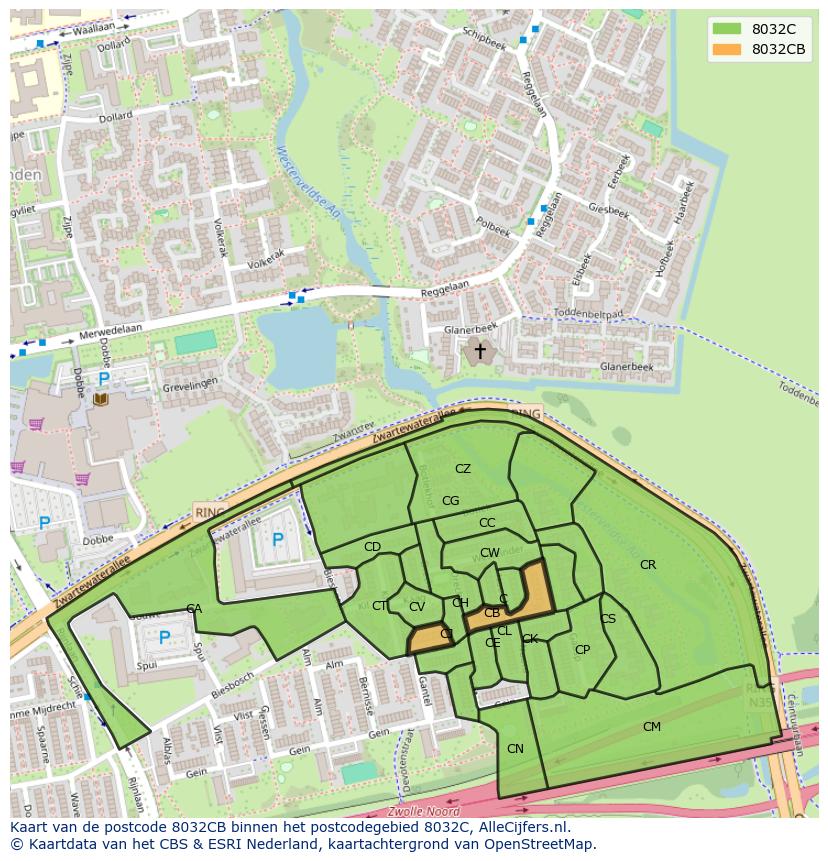 Afbeelding van het postcodegebied 8032 CB op de kaart.