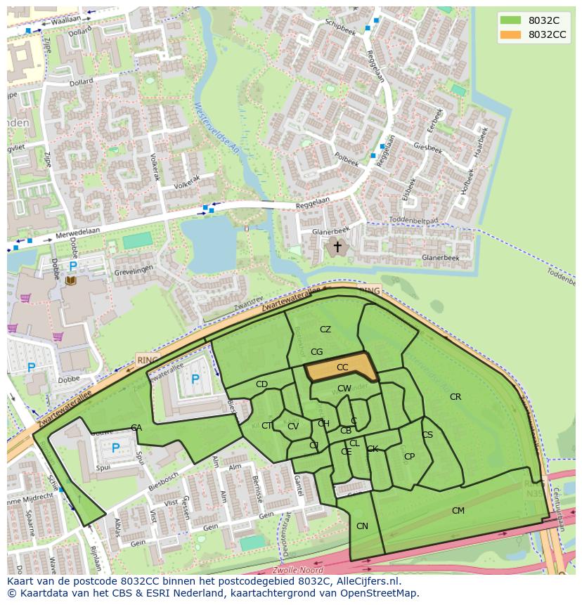 Afbeelding van het postcodegebied 8032 CC op de kaart.