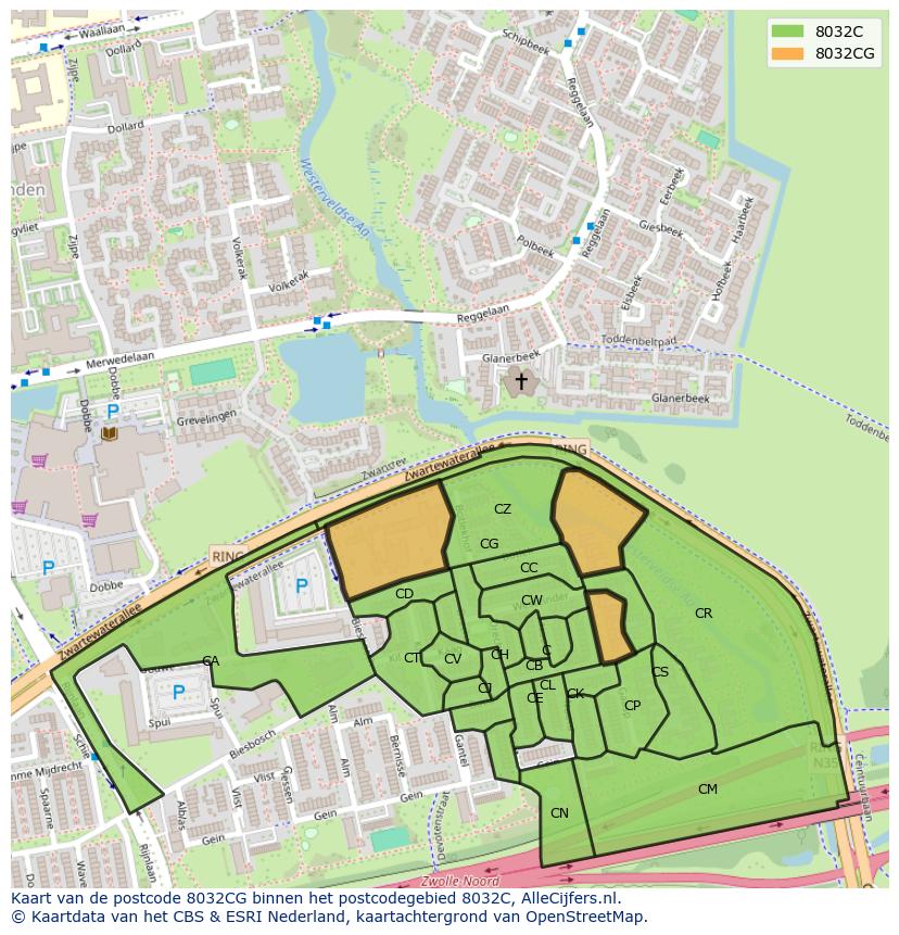 Afbeelding van het postcodegebied 8032 CG op de kaart.