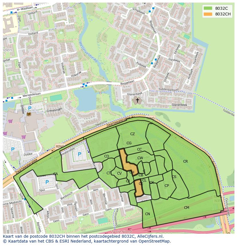 Afbeelding van het postcodegebied 8032 CH op de kaart.