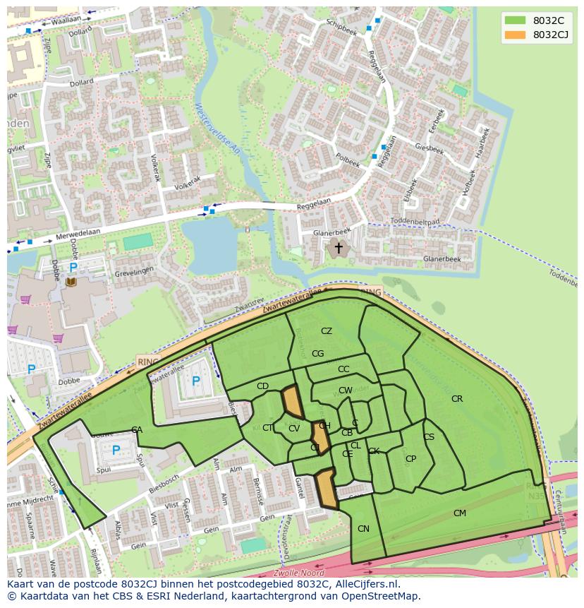 Afbeelding van het postcodegebied 8032 CJ op de kaart.