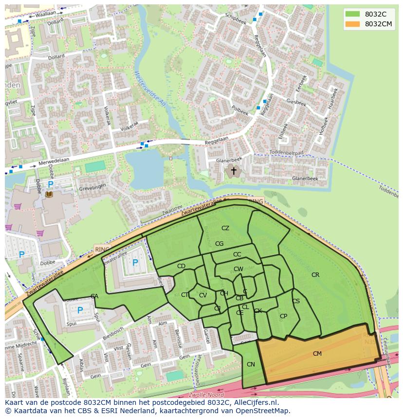 Afbeelding van het postcodegebied 8032 CM op de kaart.