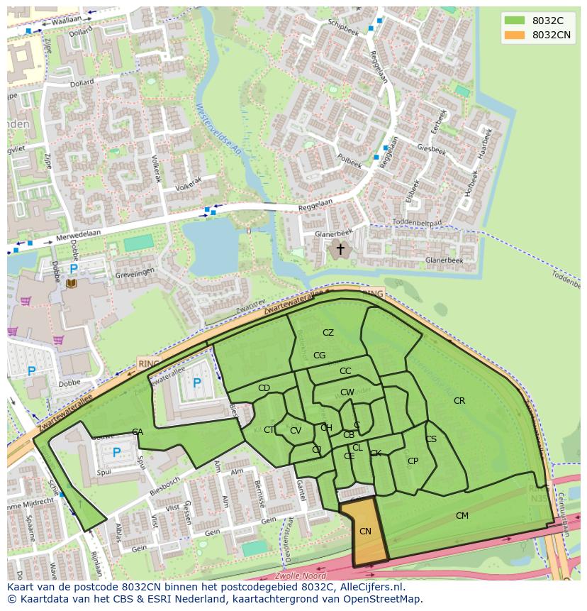 Afbeelding van het postcodegebied 8032 CN op de kaart.