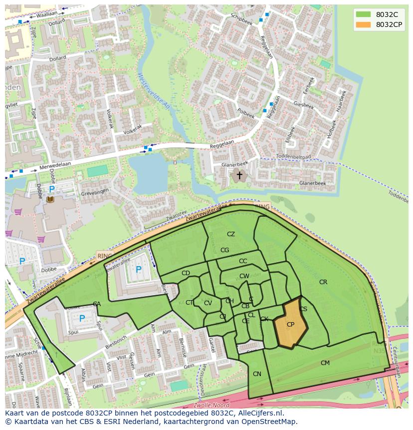 Afbeelding van het postcodegebied 8032 CP op de kaart.