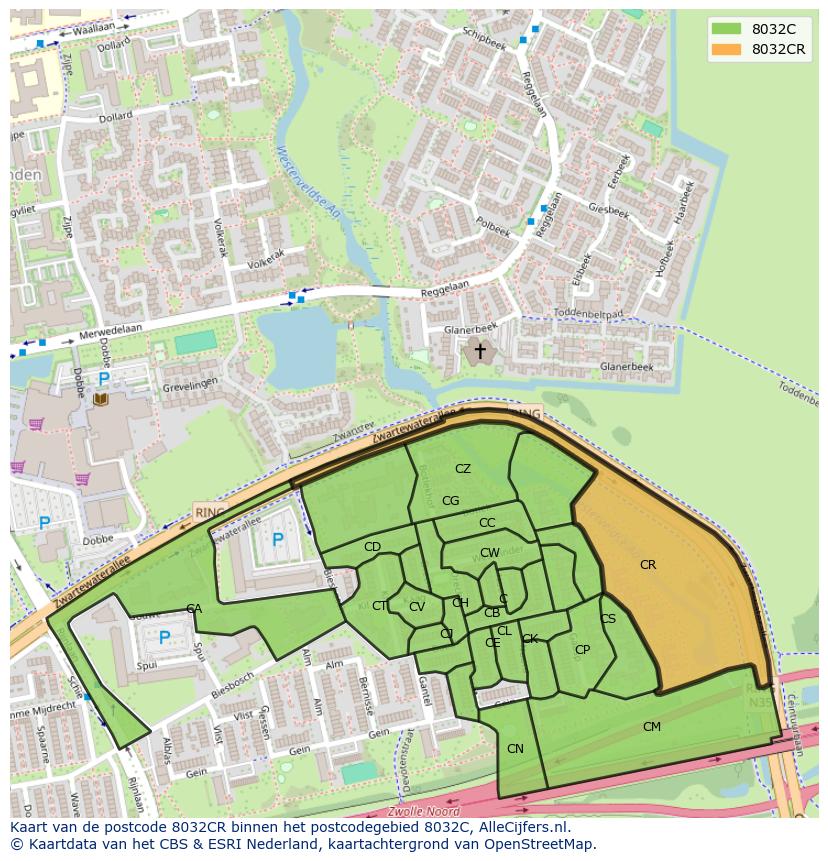 Afbeelding van het postcodegebied 8032 CR op de kaart.