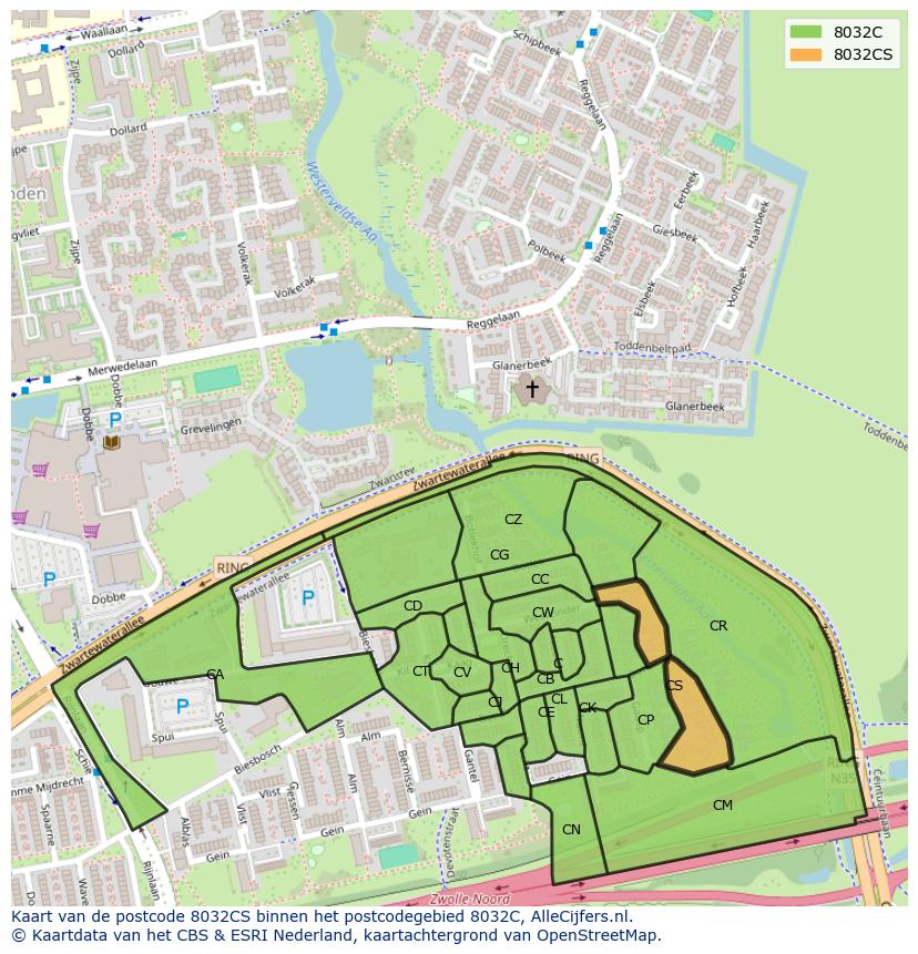 Afbeelding van het postcodegebied 8032 CS op de kaart.