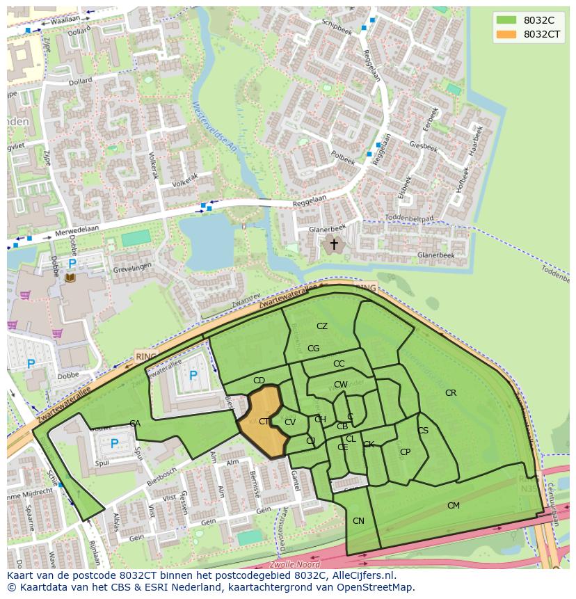 Afbeelding van het postcodegebied 8032 CT op de kaart.