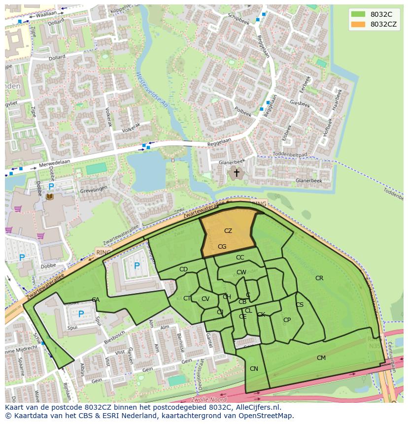 Afbeelding van het postcodegebied 8032 CZ op de kaart.