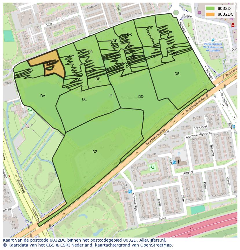 Afbeelding van het postcodegebied 8032 DC op de kaart.