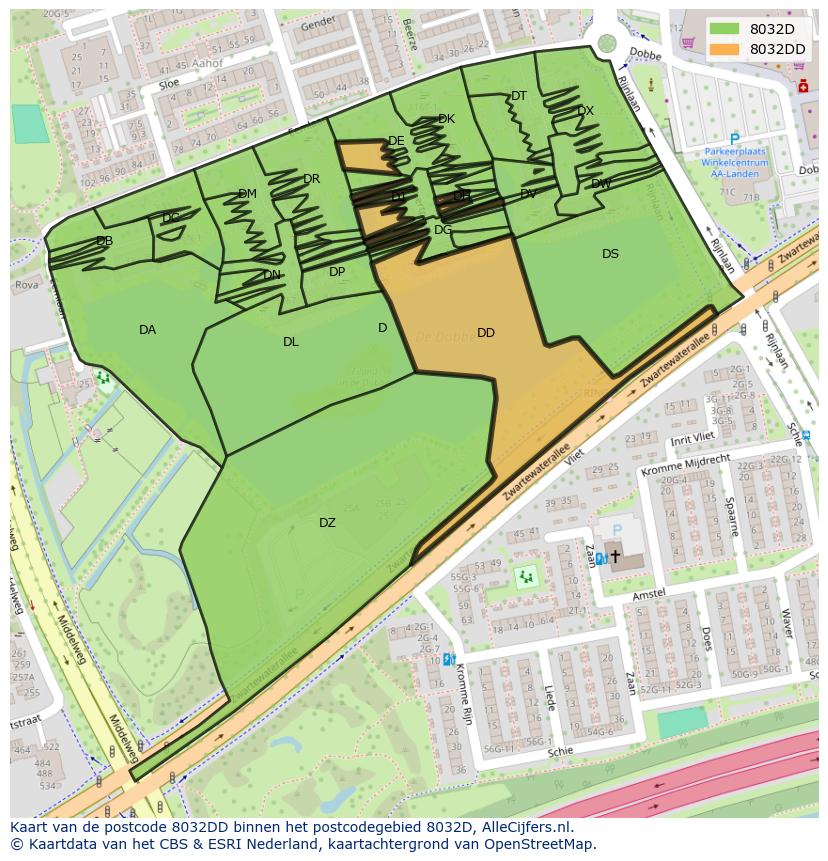 Afbeelding van het postcodegebied 8032 DD op de kaart.