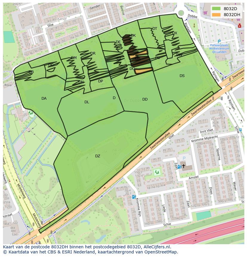 Afbeelding van het postcodegebied 8032 DH op de kaart.
