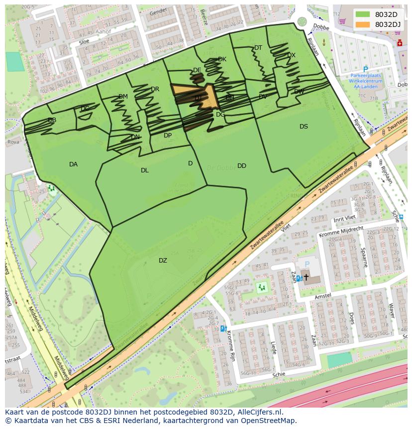 Afbeelding van het postcodegebied 8032 DJ op de kaart.