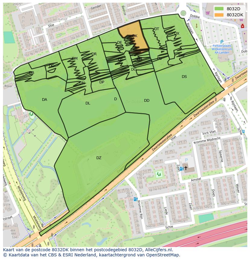 Afbeelding van het postcodegebied 8032 DK op de kaart.