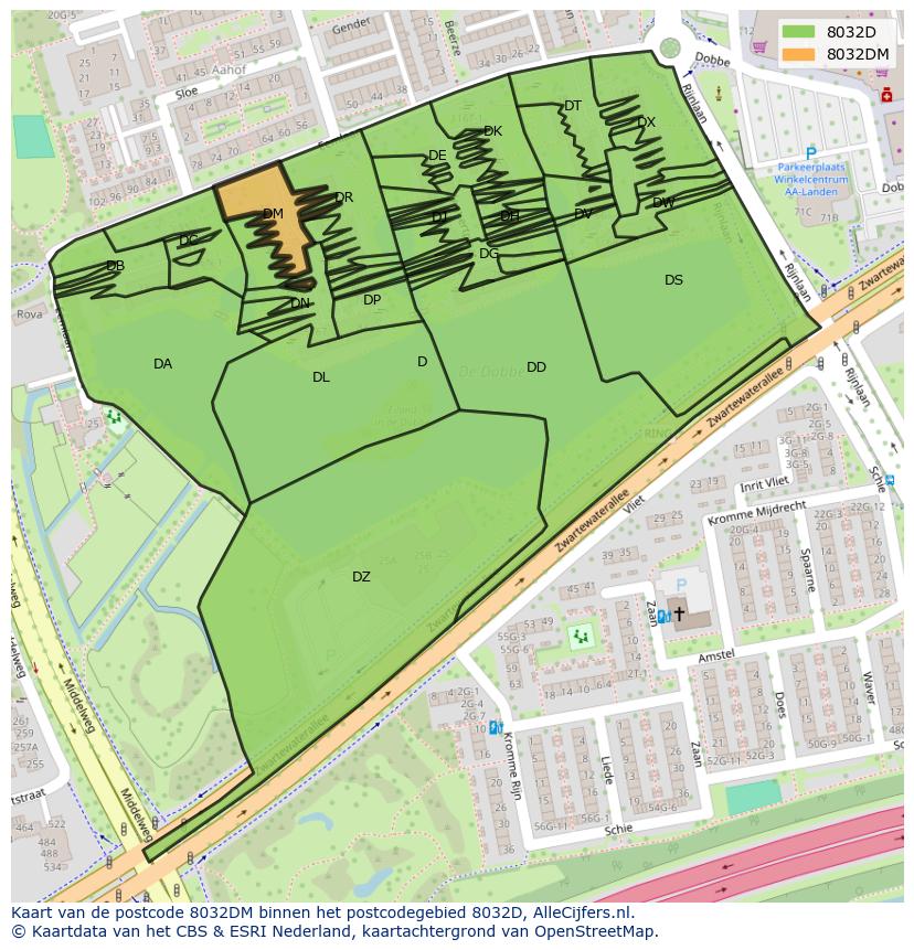 Afbeelding van het postcodegebied 8032 DM op de kaart.