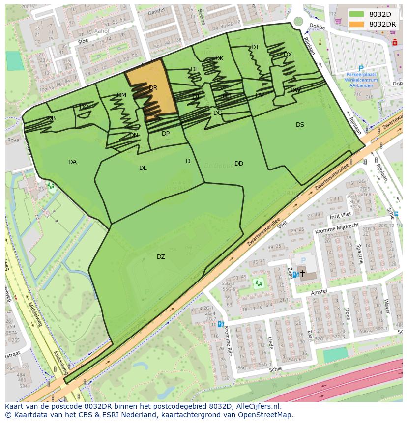 Afbeelding van het postcodegebied 8032 DR op de kaart.